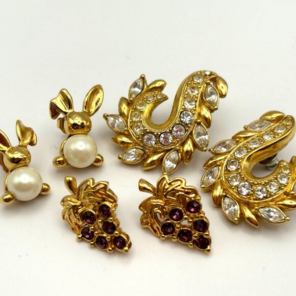 Vintage AVON 3 Pair Rhinestone Pierced Earrings Gold Tone 1990s Bundle - Picture 9 of 9